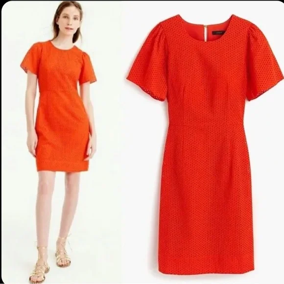 j crew orange eyelet dress Good condition J. Crew Shift Dress Bell Sleeve Eyelet Textured Size 2  Orange